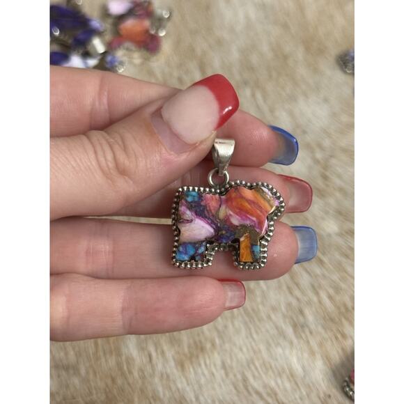 Southwest Jewelry - Native American SW Sterling Silver Pink Dahlia Turquoise Cow Steer Bull Pendant